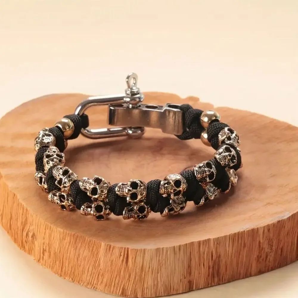 Men's Gothic Handmade Gold Skull Bracelet Adjustable Wristband Grunge Gorpcore